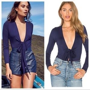 Lovers + Friends Rider Deep V-Neck Tie Front Bodysuit in Navy Blue Size Large